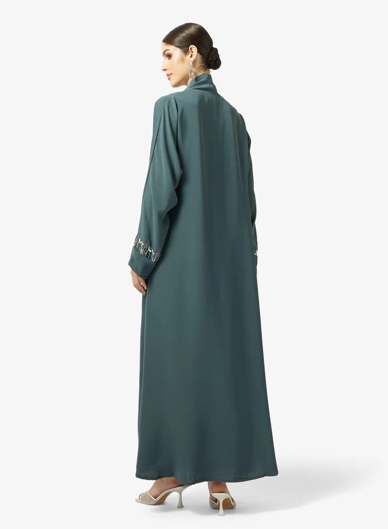 hayas closet Floral Embroidered And Embellished Open Front V Neck Abaya